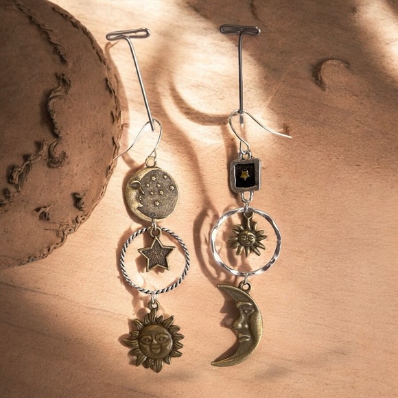 Boho Celestial Charm Earrings - Bronze and Silver toned Bohemian Boho Celestial - Picture 11 of 17